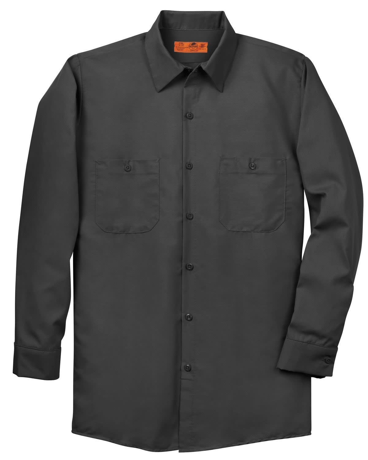 A long sleeve industrial work shirt in dark grey, featuring two chest pockets and a collar. It has a logo on the label.