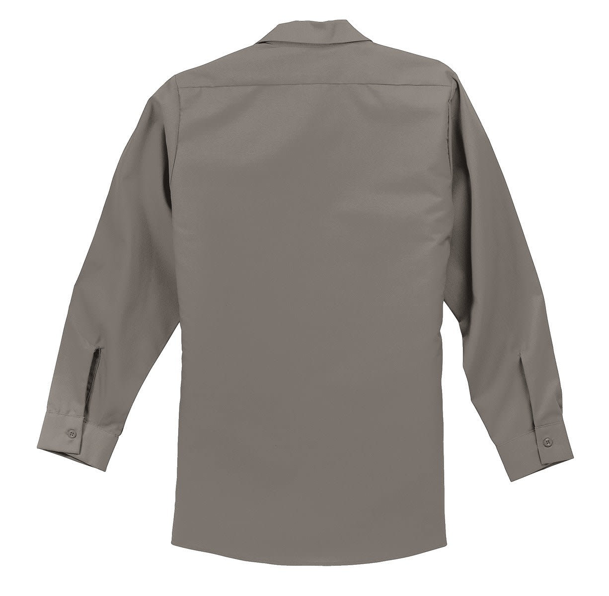A long sleeve industrial work shirt in a grey hue, featuring a collar and button cuffs, with a logo on the back.