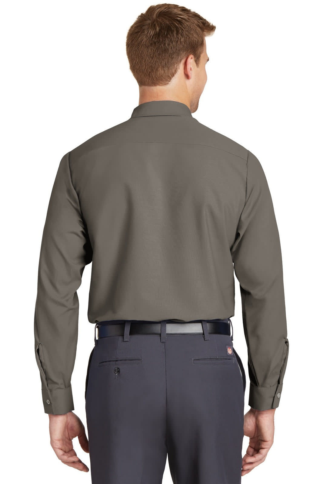 A long-sleeve industrial work shirt in a dark olive green colour, featuring a collar and buttoned cuffs.