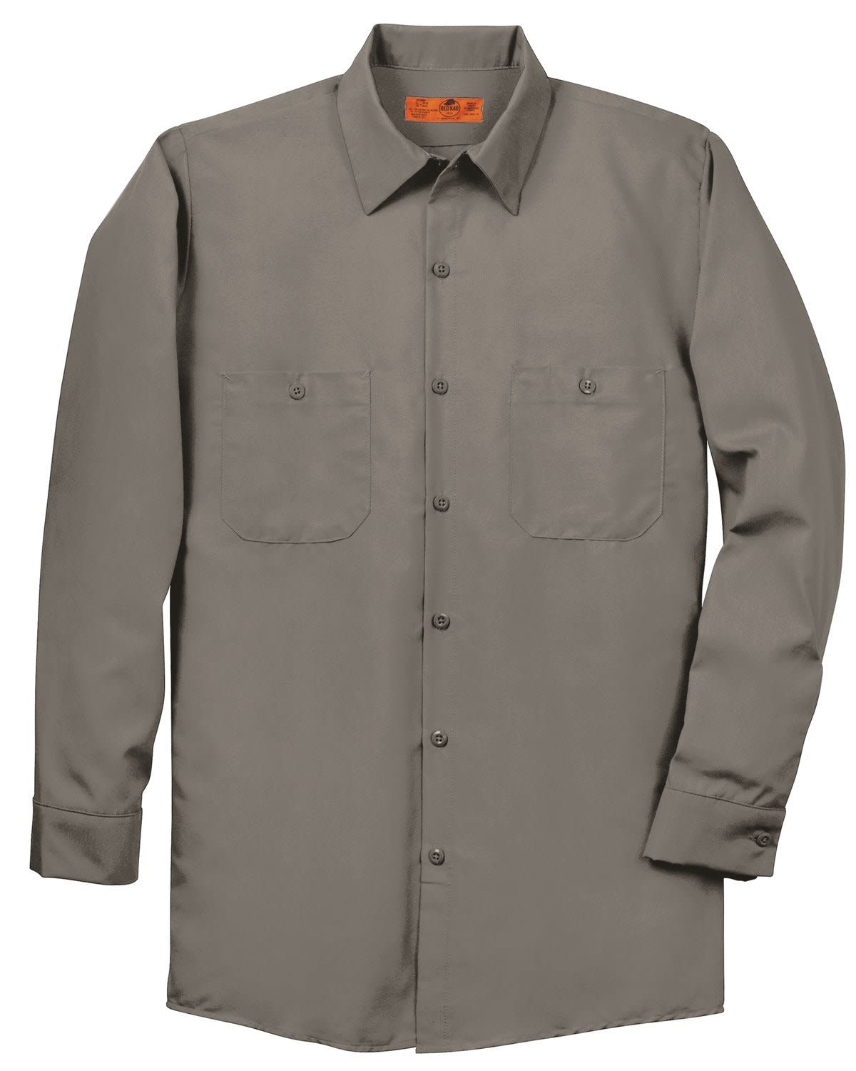 A long sleeve industrial work shirt in a grey colour, featuring two front pockets and a button-up design.