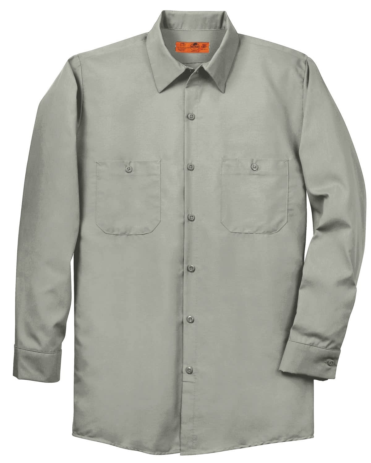 A long sleeve industrial work shirt in grey, featuring two chest pockets and a collar. It has a logo on the label.