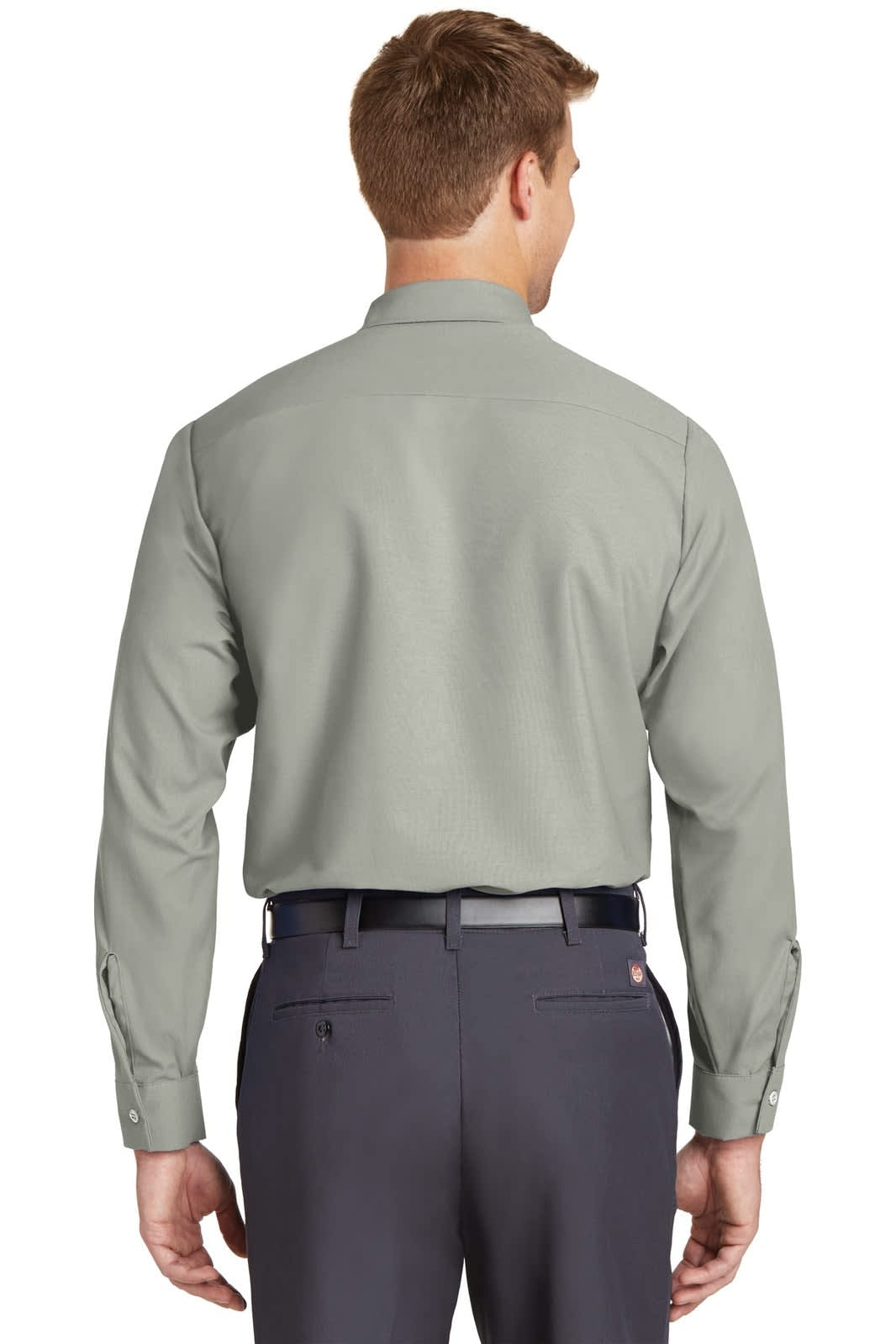 A long sleeve industrial work shirt in olive green, featuring a collar and a logo.