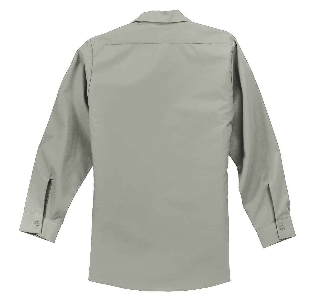 A long-sleeve industrial work shirt in light grey with a collared neck and buttoned cuffs, featuring a logo.