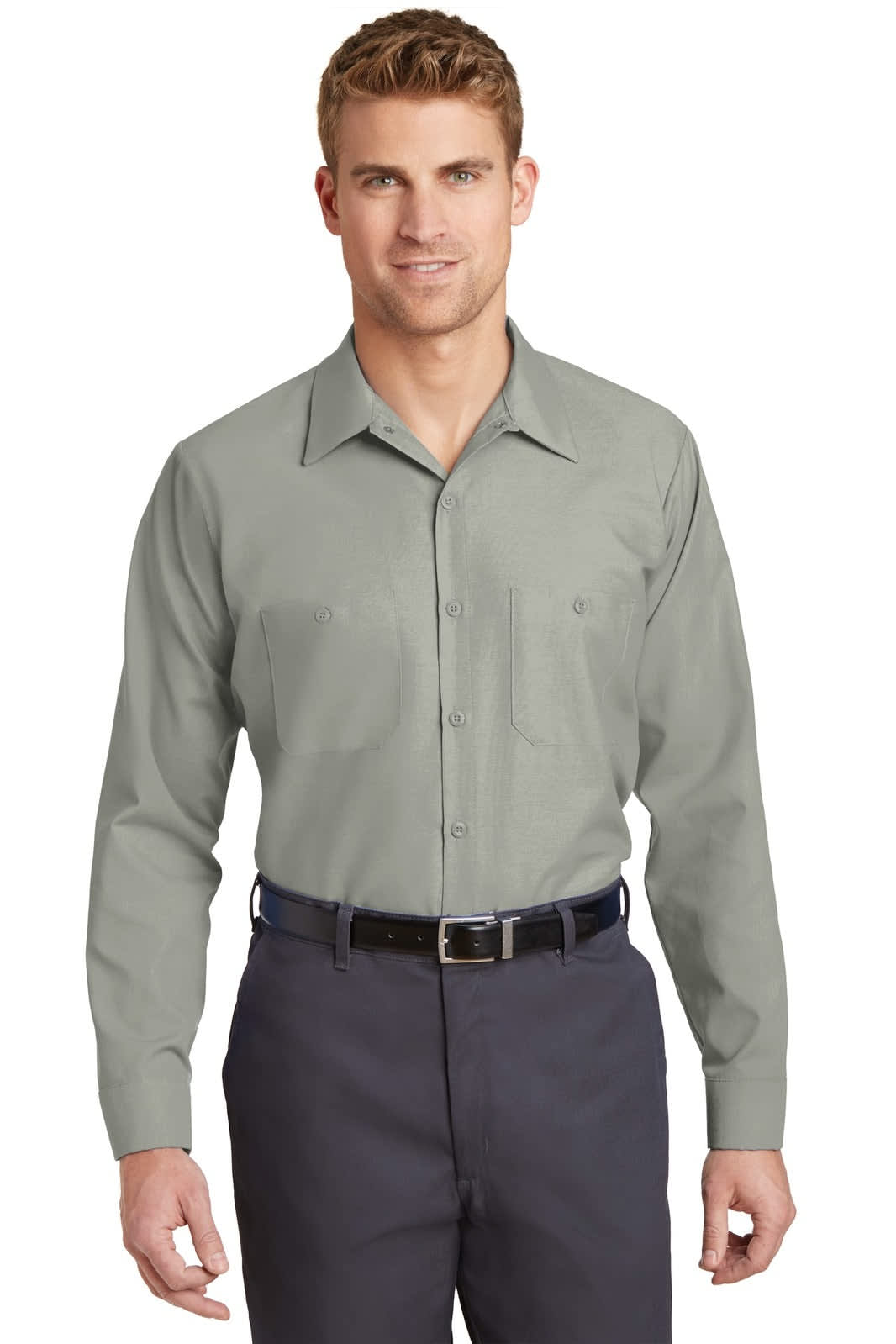 A long sleeve industrial work shirt in grey with a collar, featuring a logo on the chest.