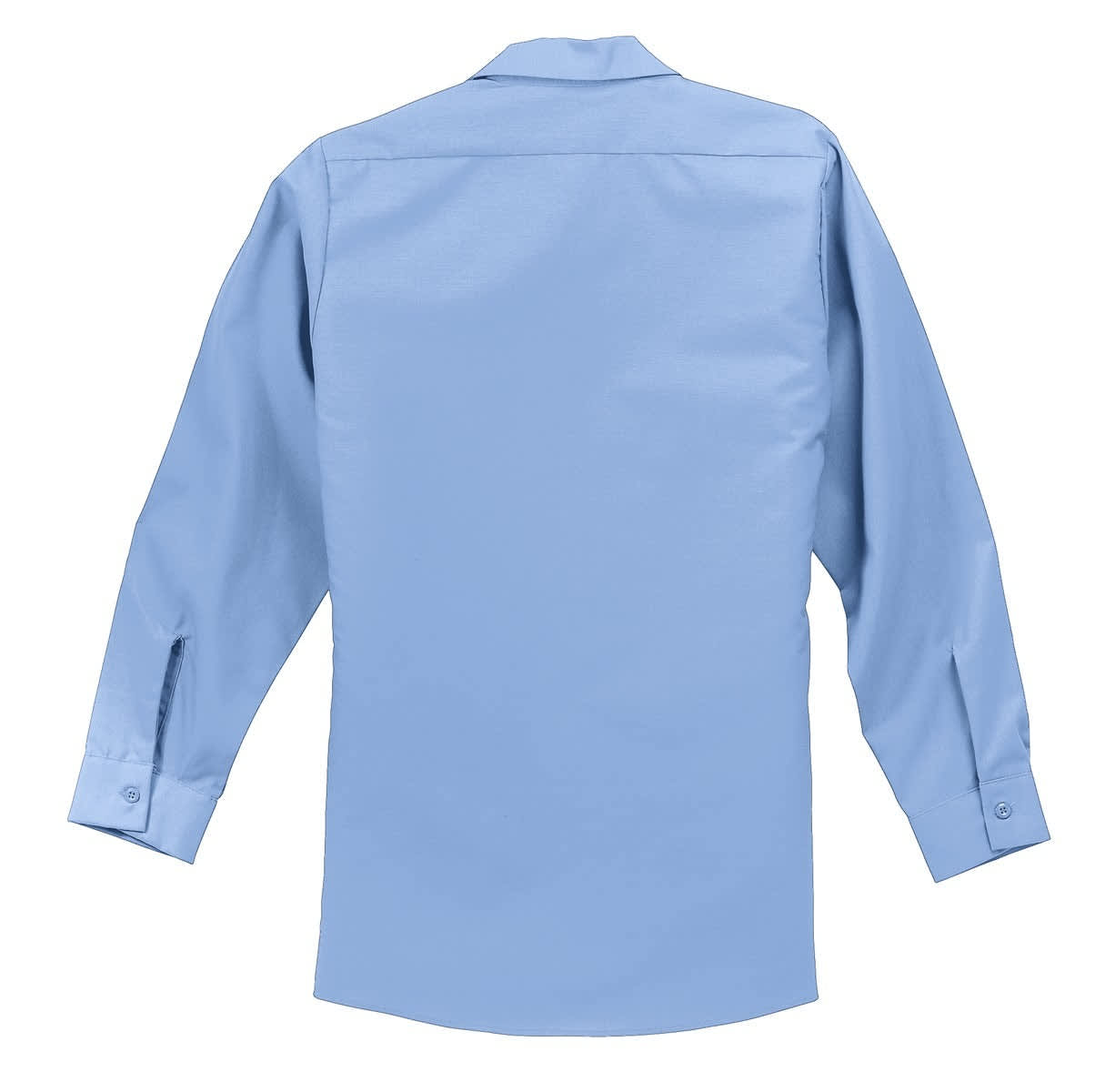 A long sleeve industrial work shirt in light blue, featuring a standard collar and buttoned cuffs.