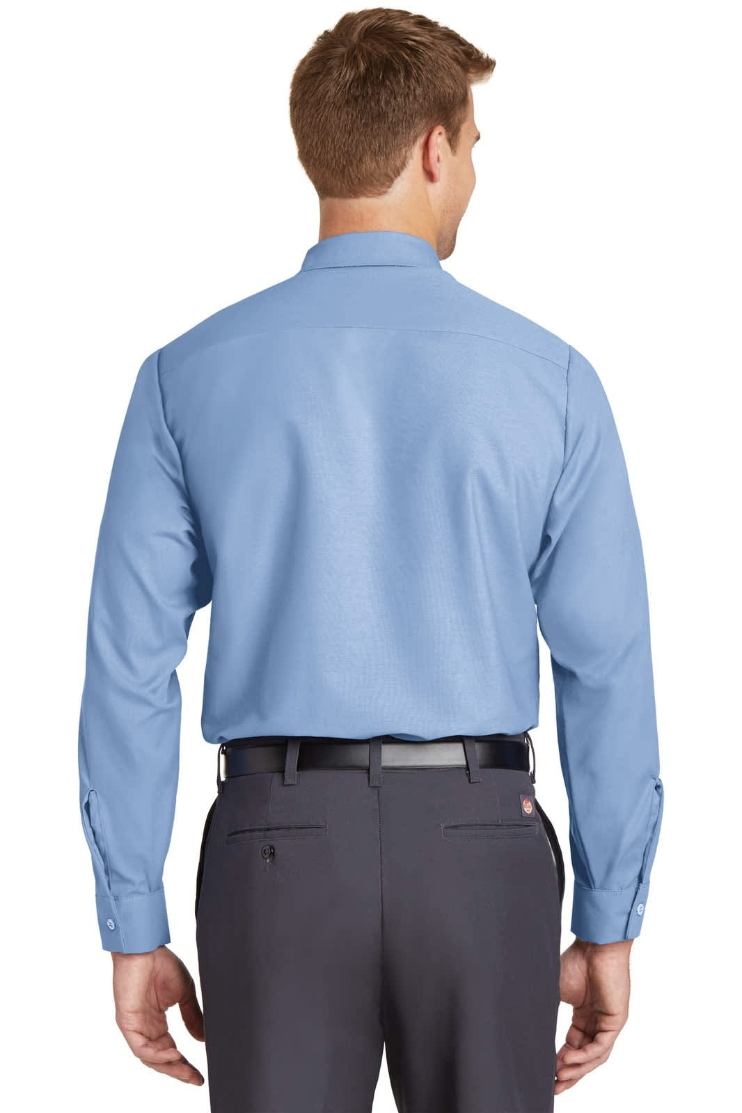 A long sleeve work shirt in light blue, featuring a classic collar and button details on the sleeves.