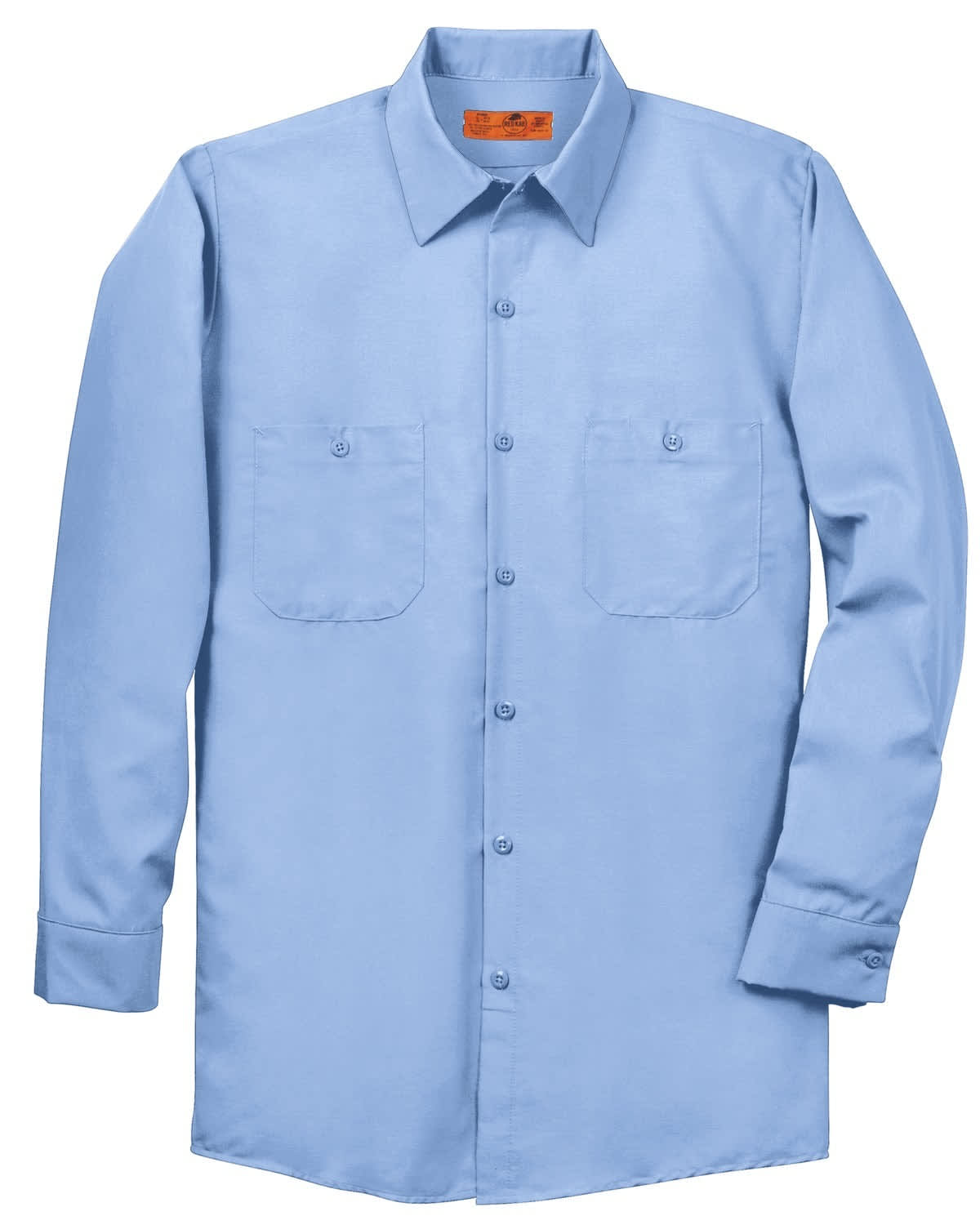 A light blue long sleeve industrial work shirt with two chest pockets and a branded label.