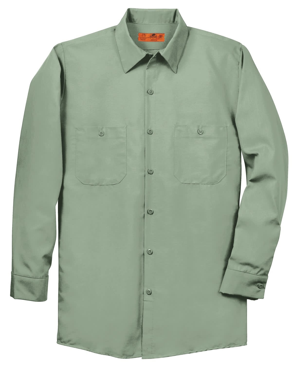 A long sleeve industrial work shirt in a light green shade with two chest pockets and a logo.
