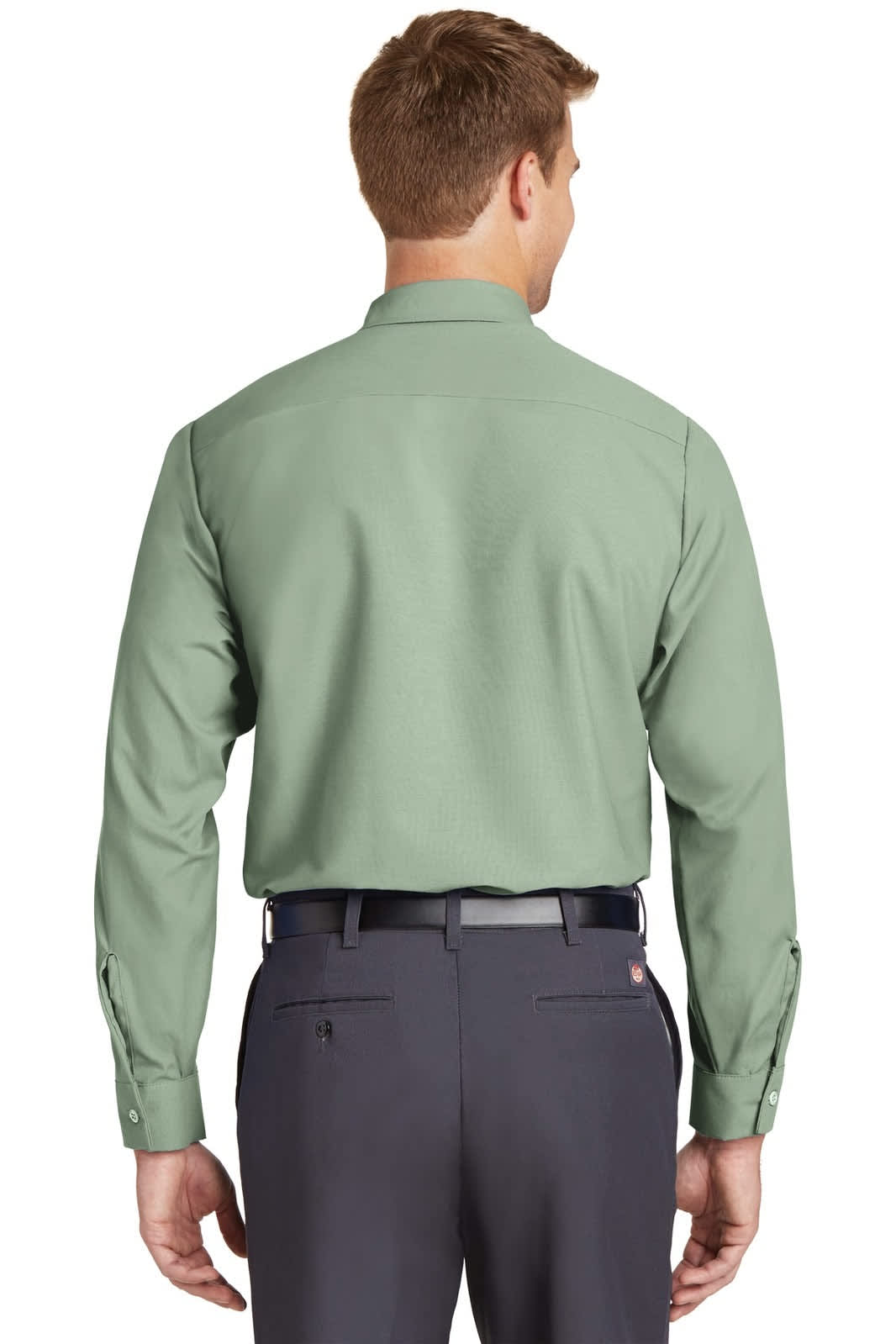 A long sleeve industrial work shirt in green, styled with a button-down collar and a back view.