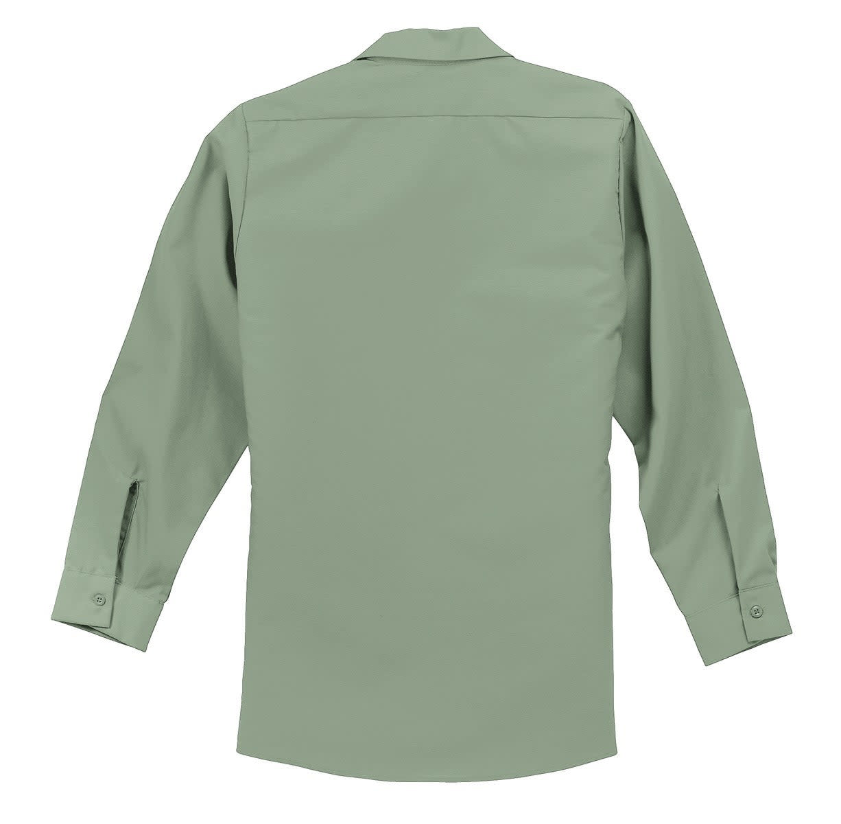 A long-sleeve industrial work shirt in a muted green shade, featuring a back view and button cuffs.