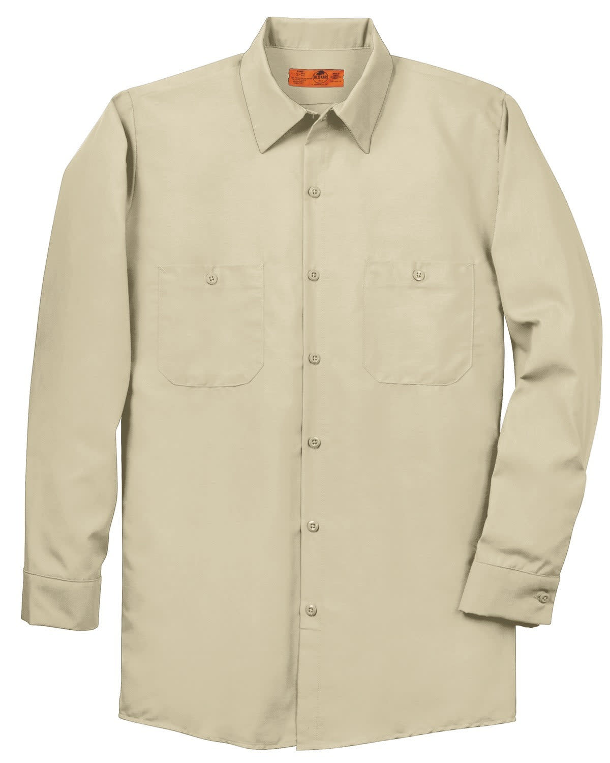 A long sleeve industrial work shirt in beige with two chest pockets and a collar. It features a logo.