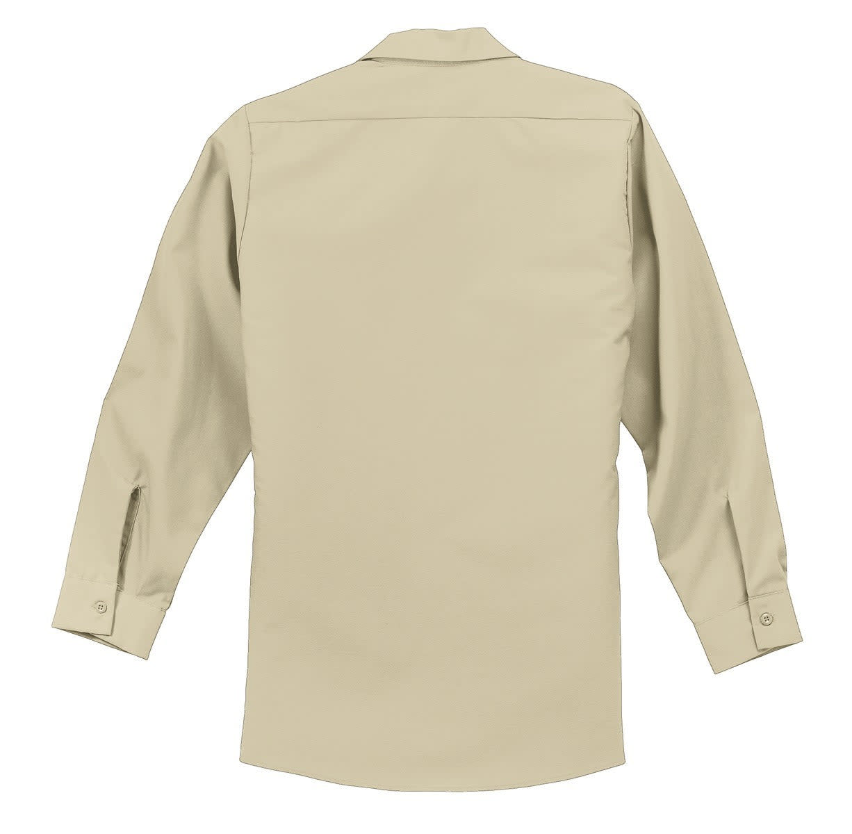 A light beige long sleeve industrial work shirt with a collar and buttoned cuffs, featuring a logo.