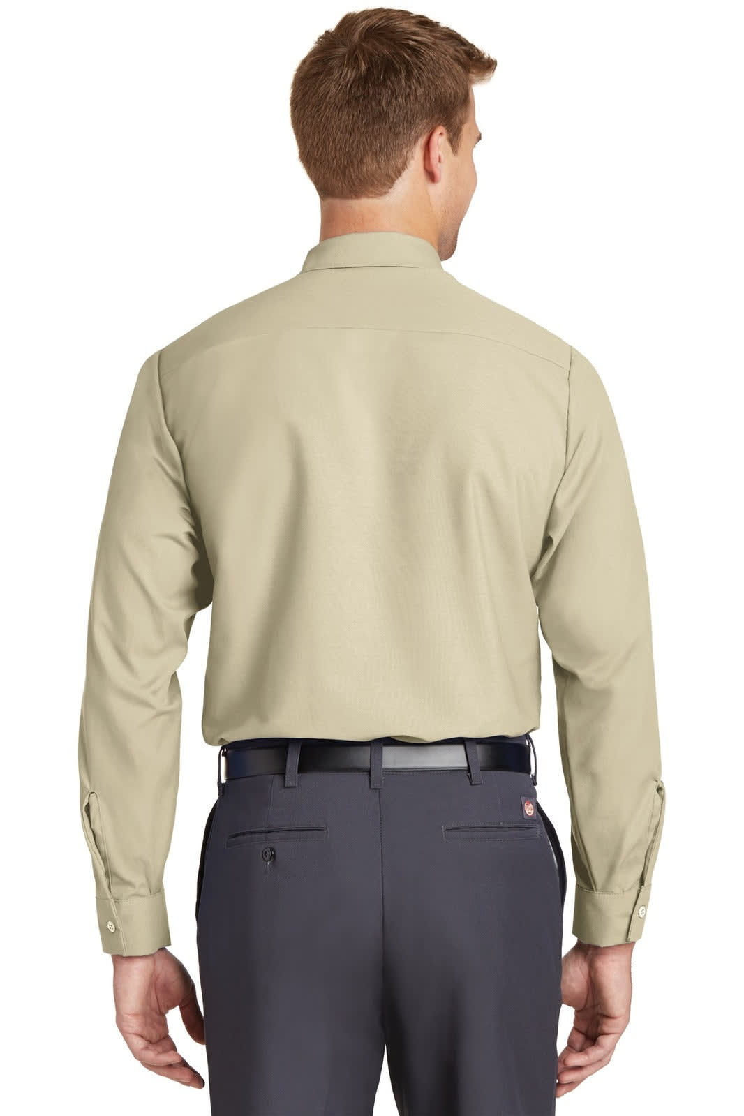 A long sleeve industrial work shirt in a light beige colour, featuring a button-up collar and a plain back view.