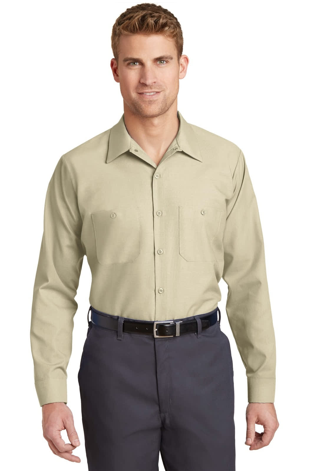Long sleeve industrial work shirt in a light shade with a collar and two chest pockets, featuring a logo.