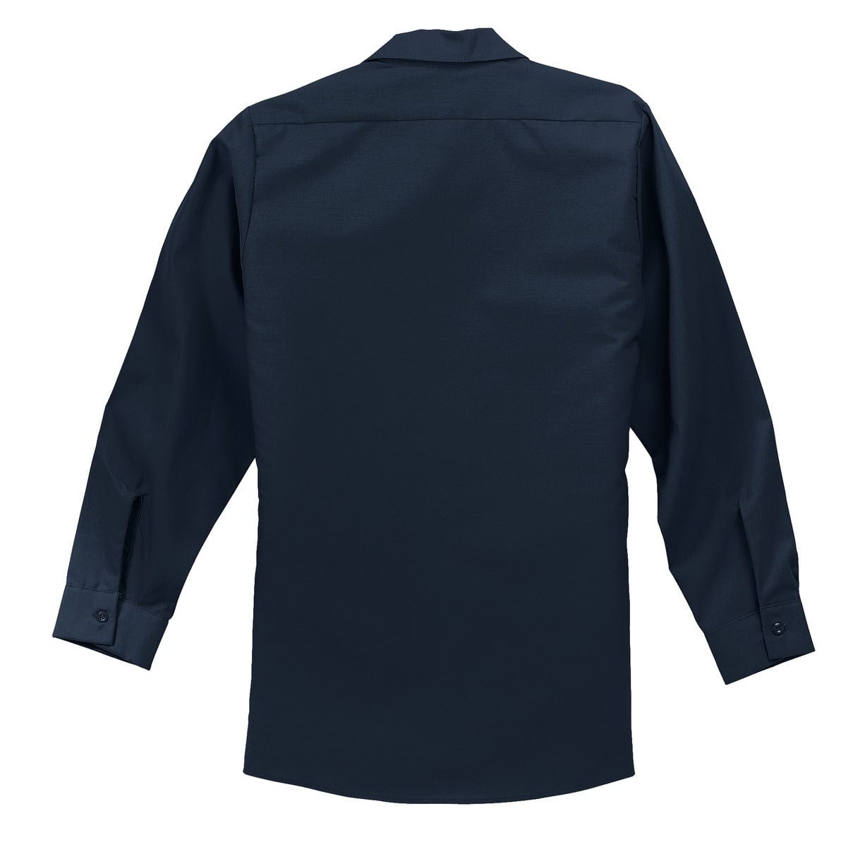 A navy long sleeve industrial work shirt with a back view featuring a collar and buttoned cuffs.