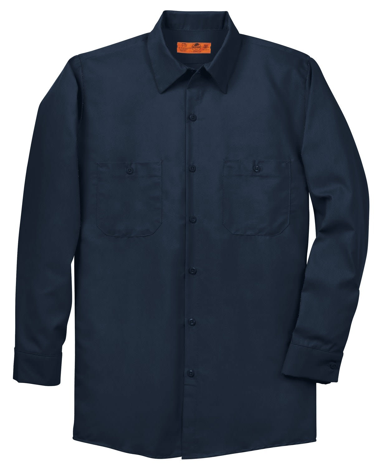 A navy long sleeve industrial work shirt with two front pockets and a logo. Suitable for workwear.