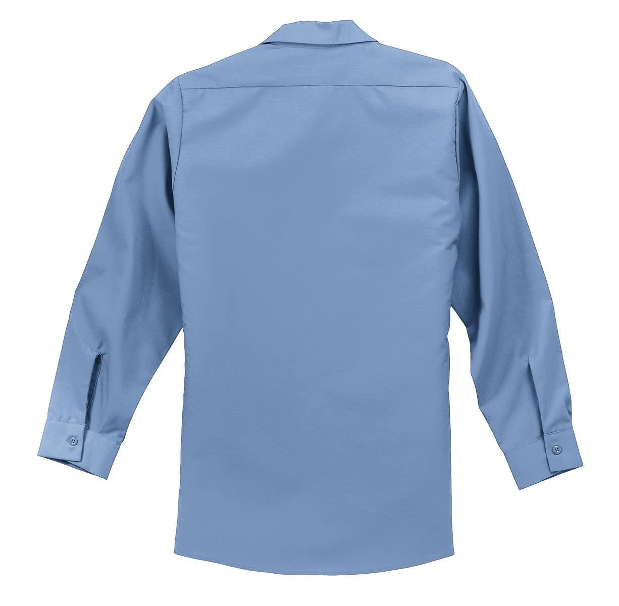 A long sleeve industrial work shirt in a light blue colour, featuring a standard collar and buttoned cuffs.