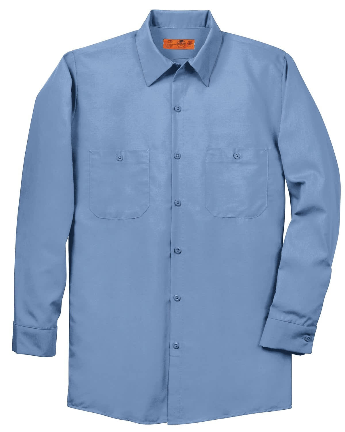 A blue long sleeve industrial work shirt featuring two chest pockets and a button-up front. It has a logo on the label.