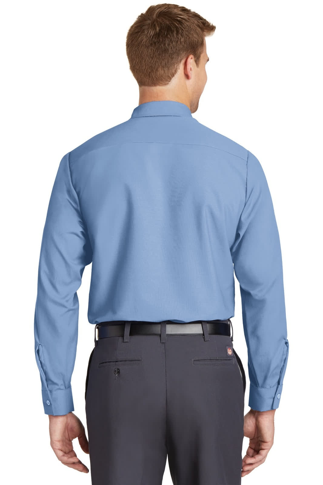 A long sleeve industrial work shirt in light blue, featuring a collar and a shirt tail design, worn by a model.