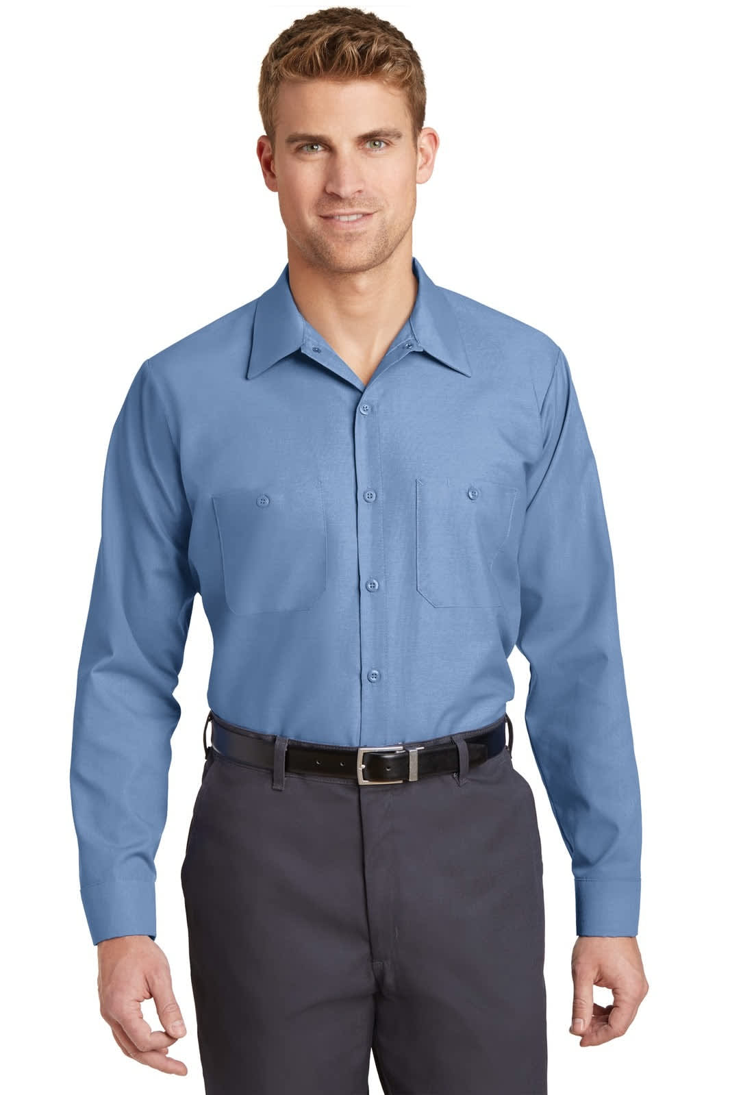 A long sleeve industrial work shirt in light blue, featuring a button-up front and two chest pockets.