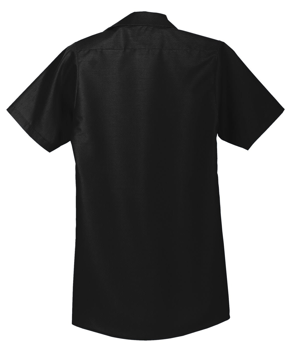A short-sleeve industrial work shirt in black, featuring a standard collar and a simple design.