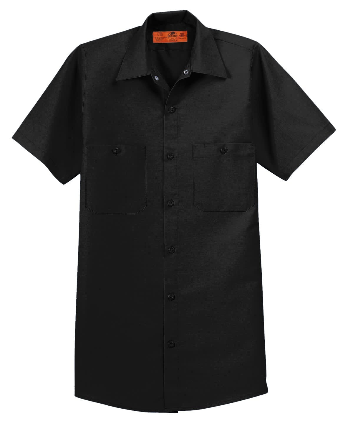 A black short sleeve industrial work shirt with two front pockets and a logo.