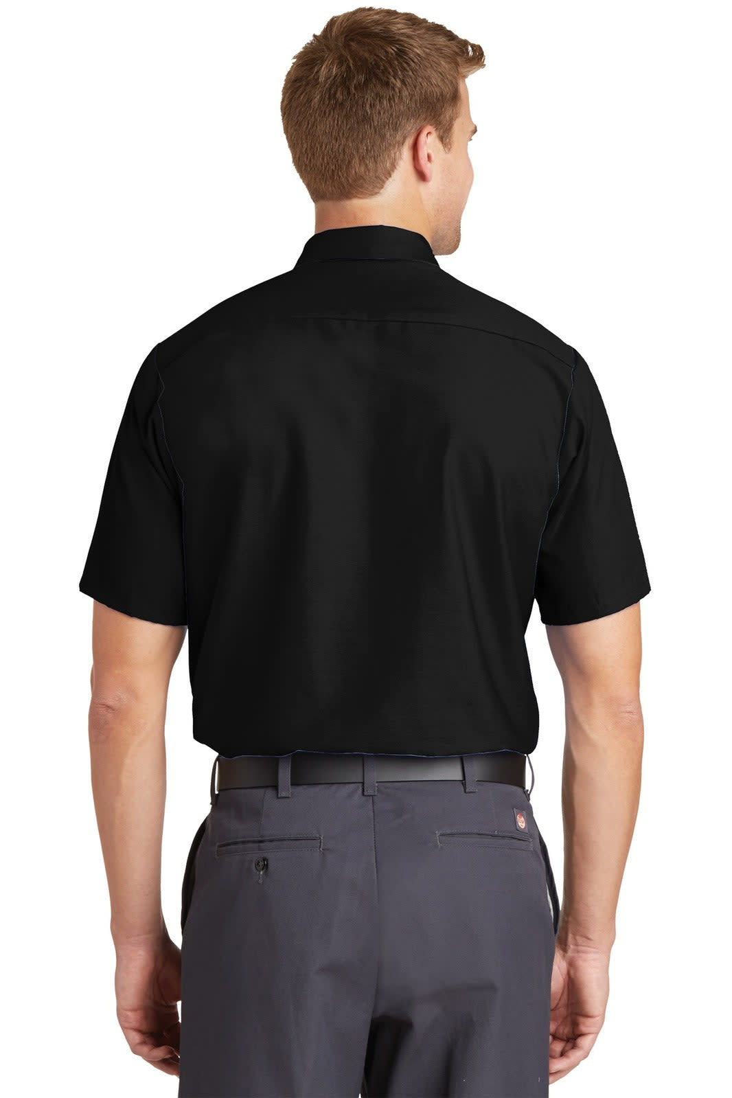 A black short sleeve industrial work shirt displayed from the back, featuring a collar and a subtle logo.