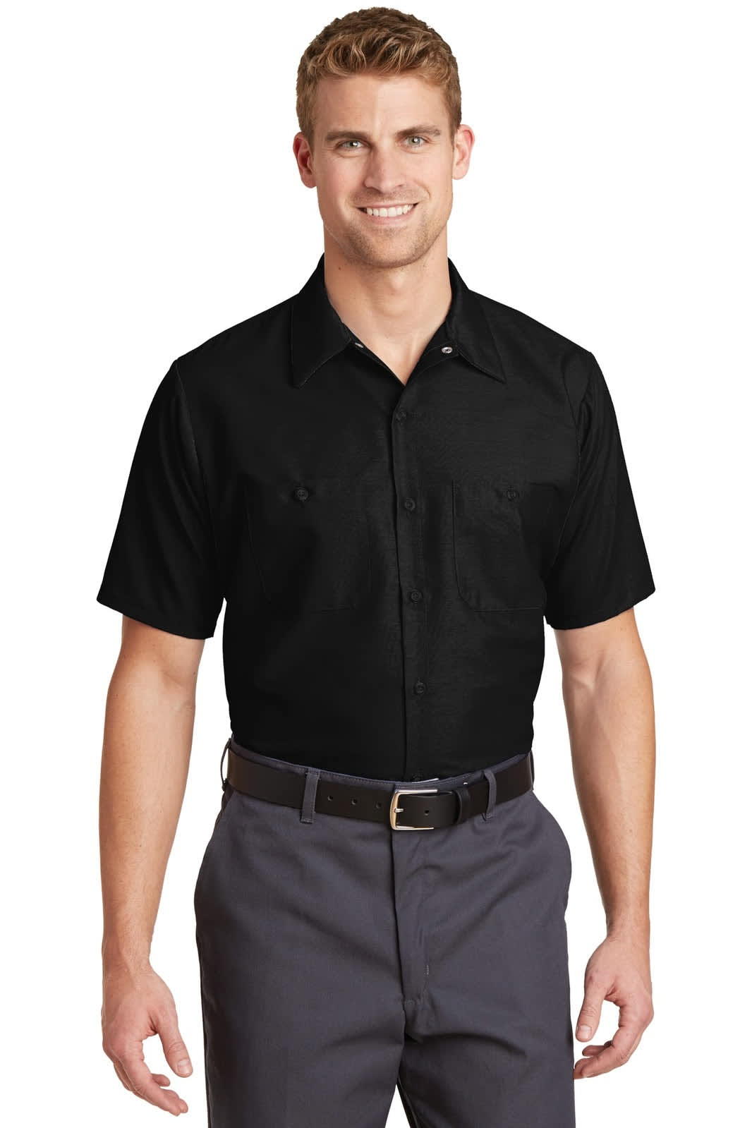 A short sleeve industrial work shirt in black, featuring two front pockets and a logo. Suitable for workwear.