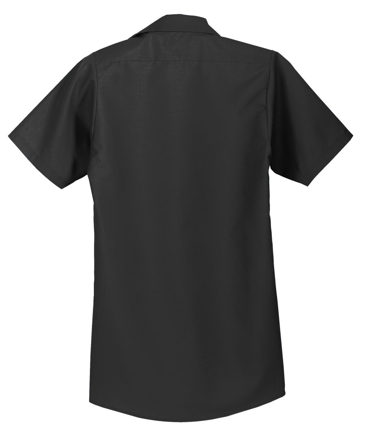 A short sleeve industrial work shirt in black, featuring a back view and a branded logo.