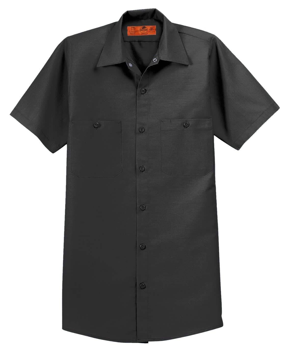 A short sleeve industrial work shirt in black with a button front and two chest pockets. It features a logo on the label.