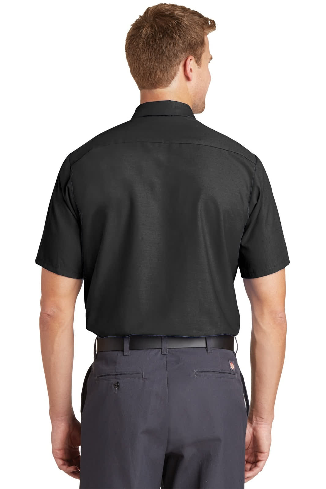A short sleeve work shirt in black, featuring a collared neck and a logo on the back.