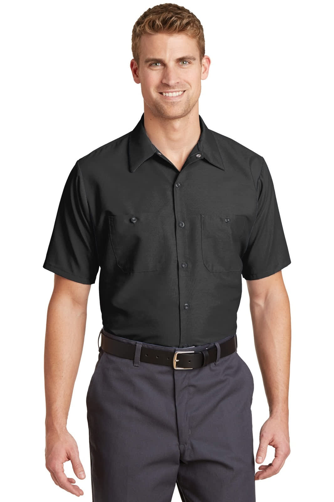 A short sleeve industrial work shirt in black, featuring two chest pockets and a branding logo.