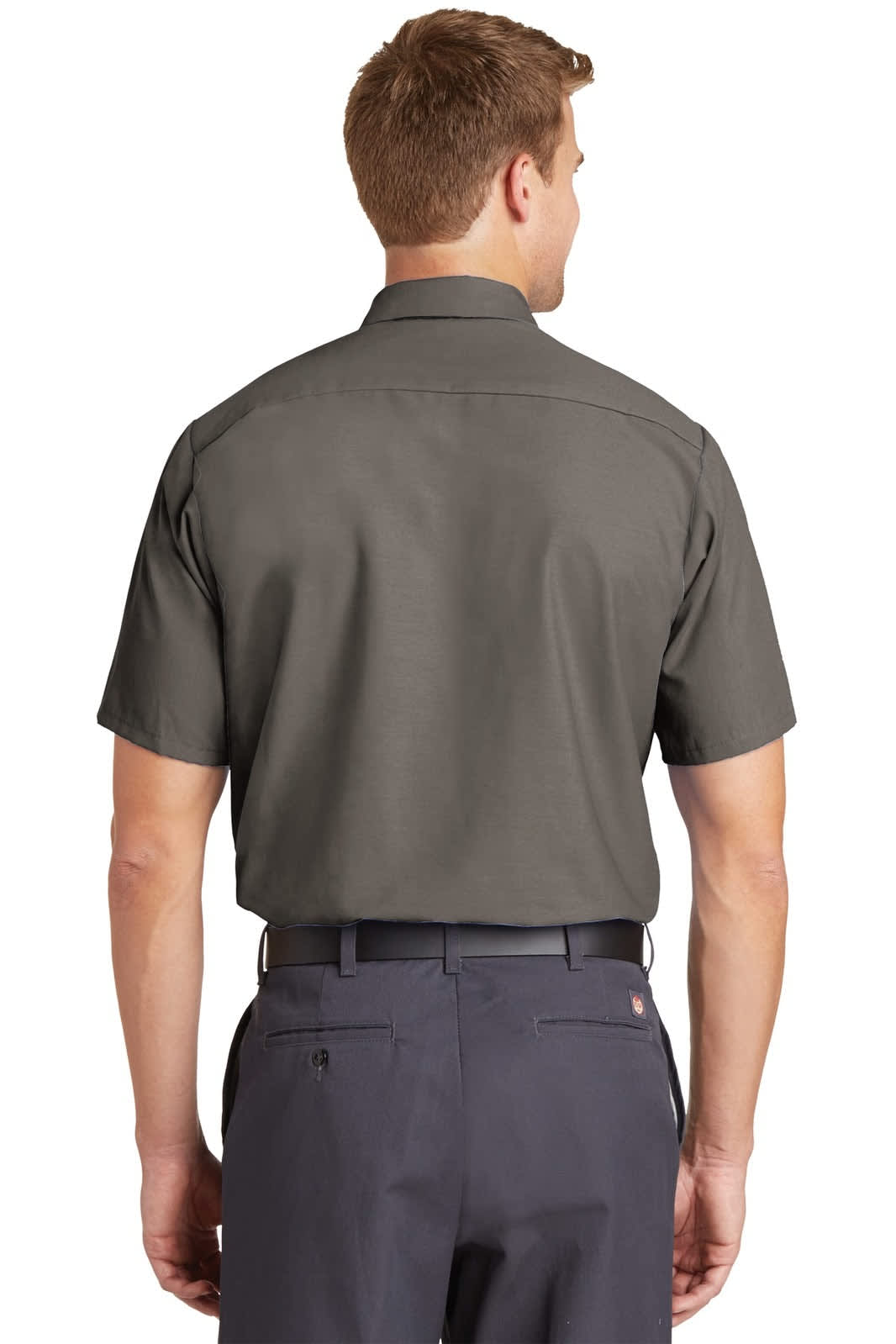 A grey short sleeve industrial work shirt with a back view, featuring a collar and stitched detailing.