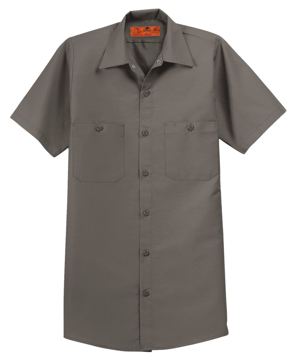 A short sleeve industrial work shirt in grey, featuring two front pockets and a button-up design.