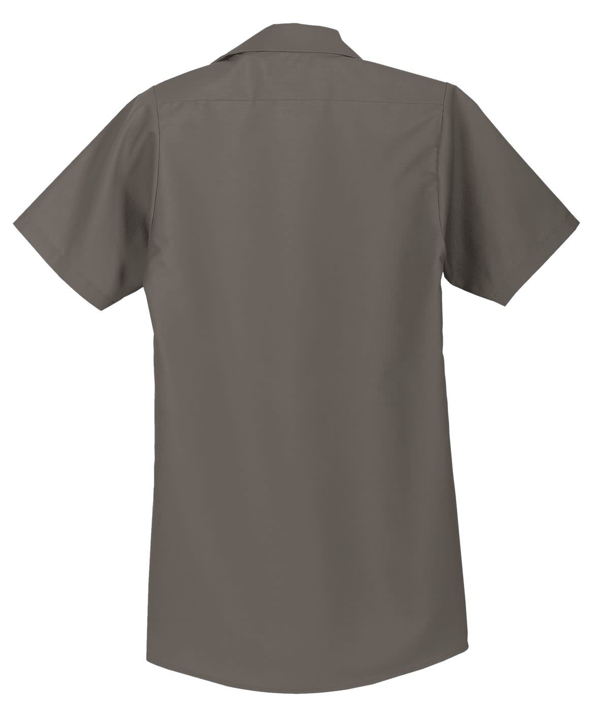 A short sleeve industrial work shirt in a muted grey colour, featuring a simple design and a logo.