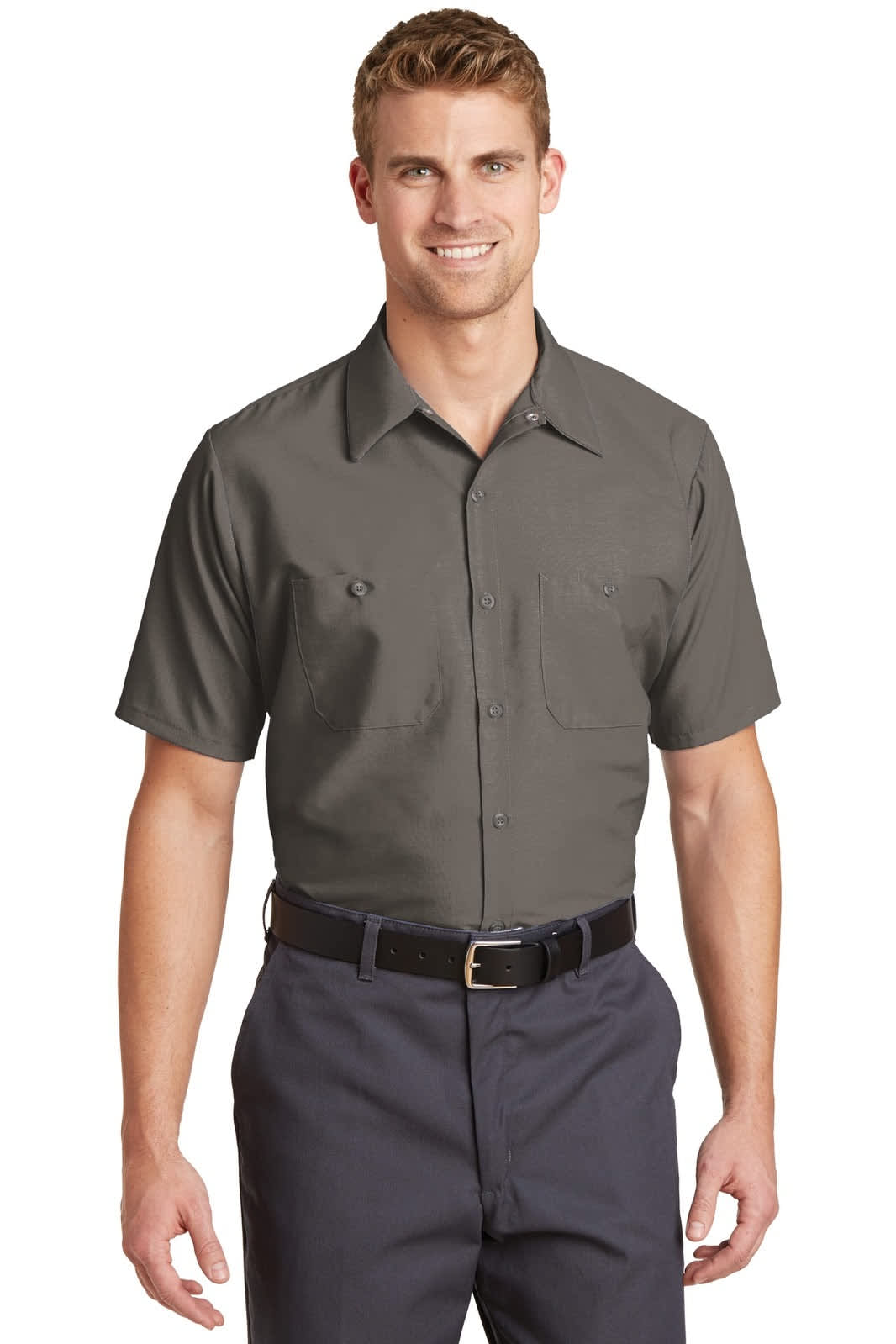 A short sleeve industrial work shirt in grey, featuring two front pockets and a plain design.
