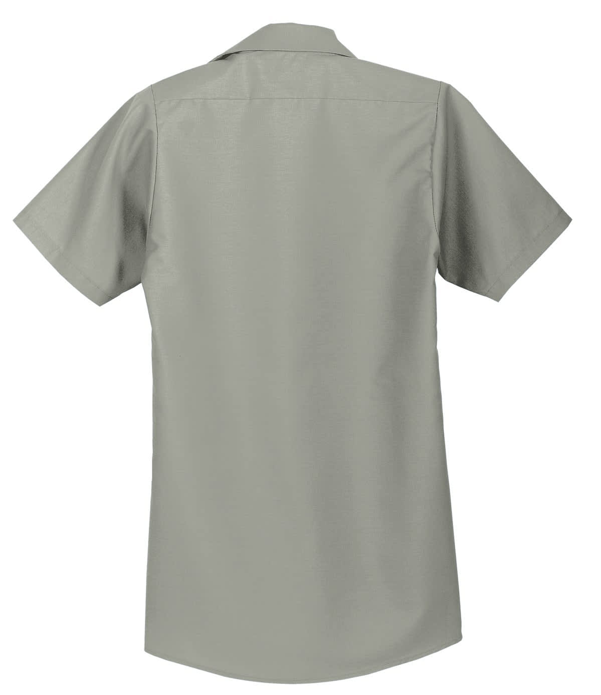 A short sleeve industrial work shirt in grey with a back view and a logo.