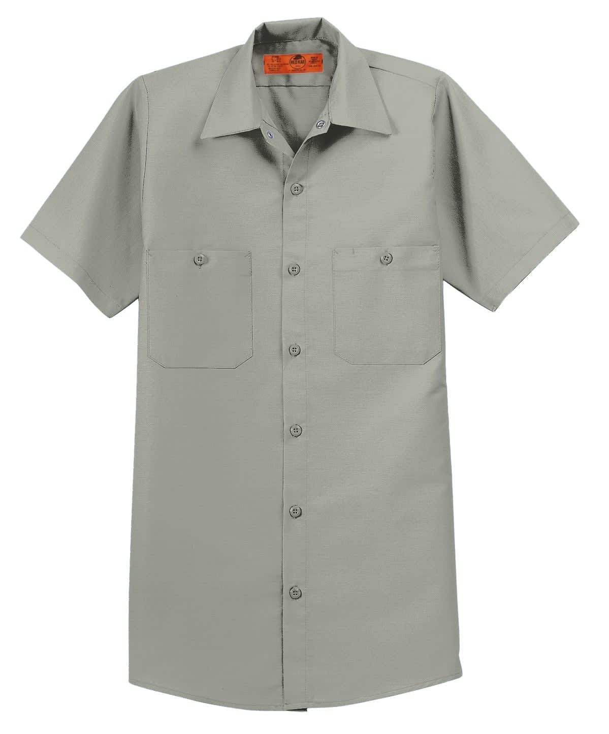 A short sleeve industrial work shirt in grey with two front pockets and a logo on the upper left.