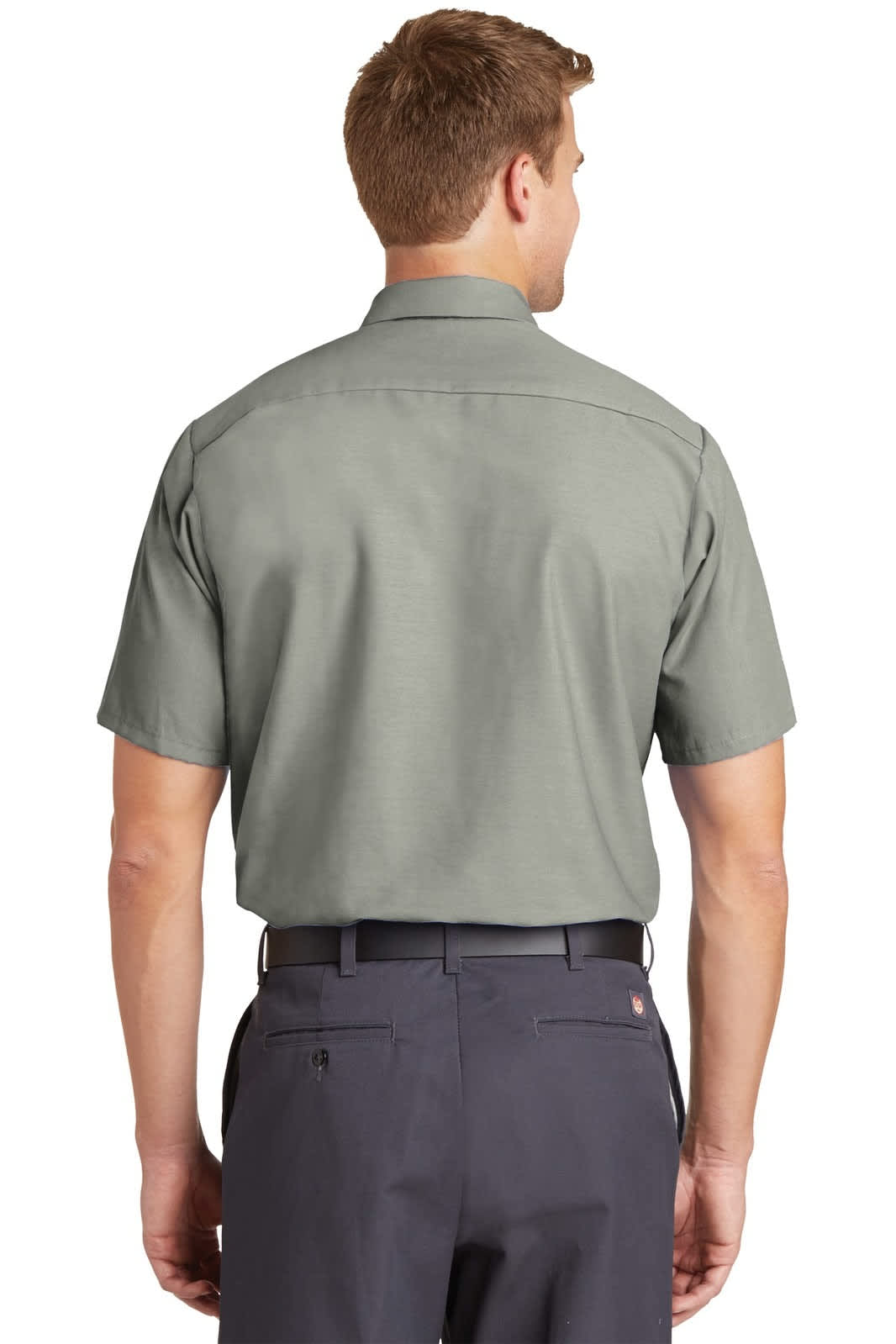 A short sleeve work shirt in grey, featuring a back view with a collar and subtle branding.