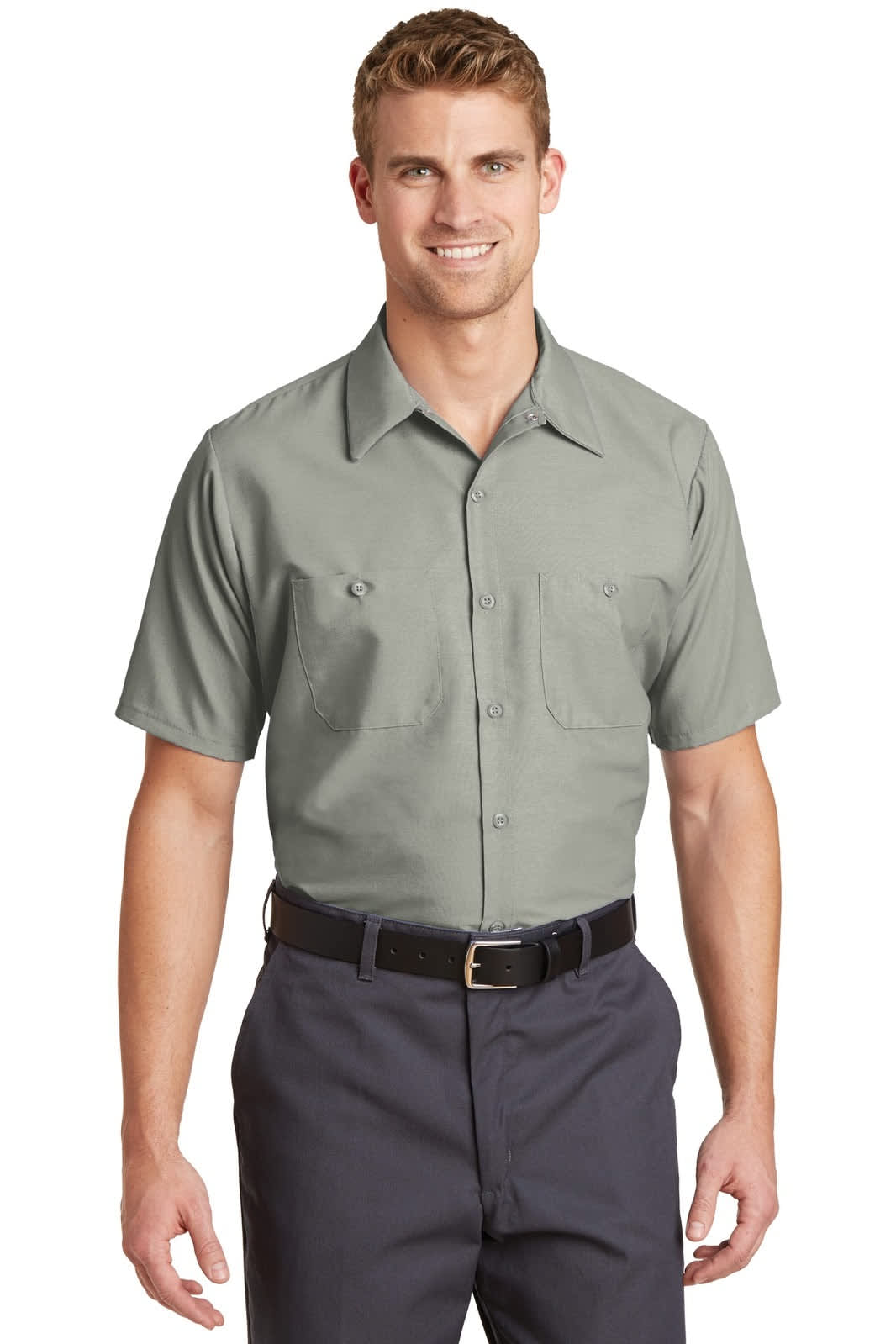 A short sleeve industrial work shirt in grey, featuring two chest pockets and a logo.
