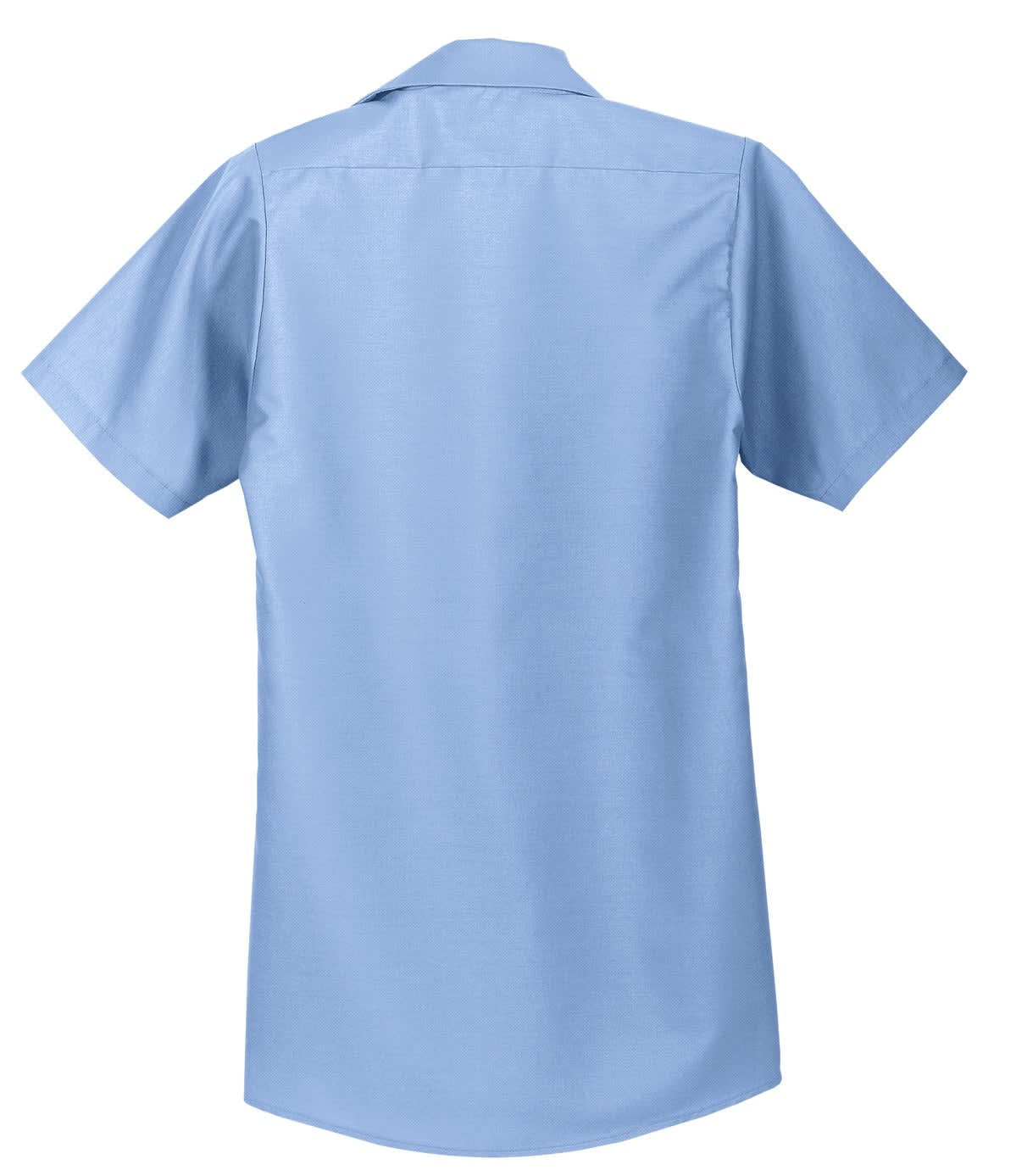A light blue short sleeve industrial work shirt with a plain back and a collar. It features a branded logo.