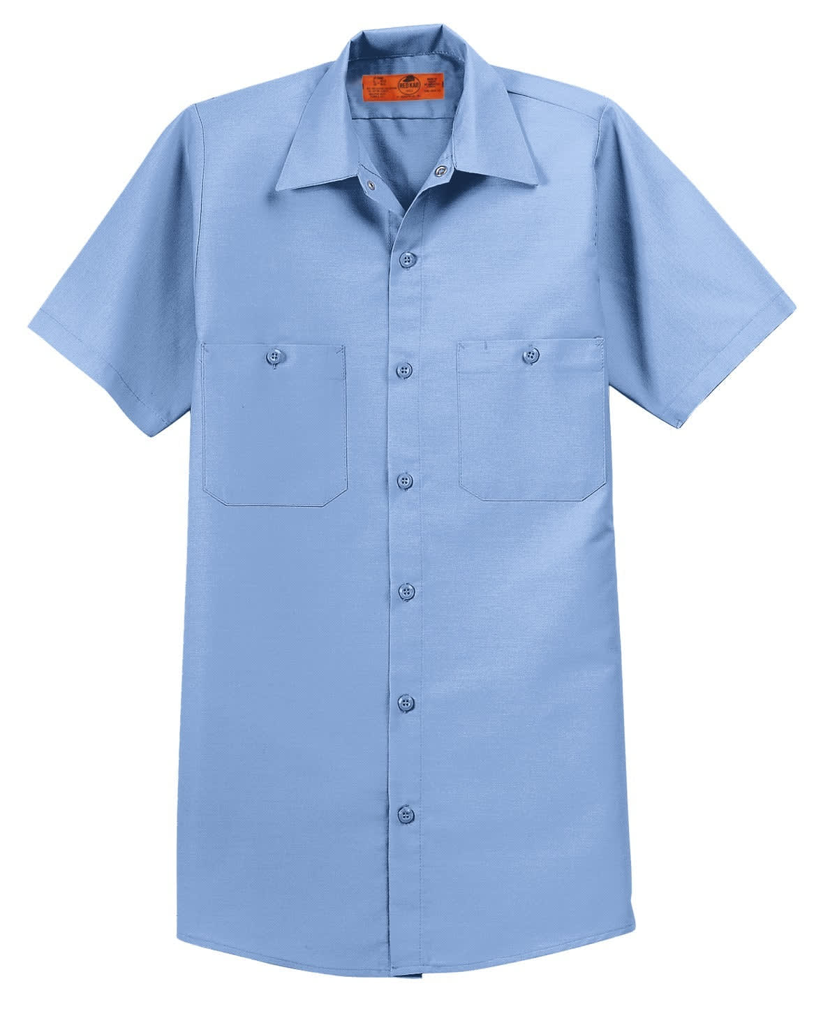 A short-sleeve industrial work shirt in light blue with two front pockets and a branded logo.