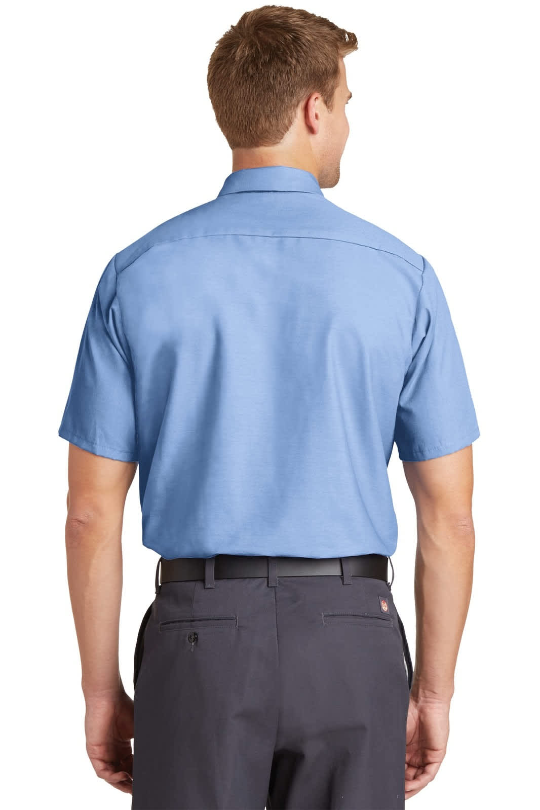 A short sleeve industrial work shirt in light blue, featuring a back view and a logo on the collar.