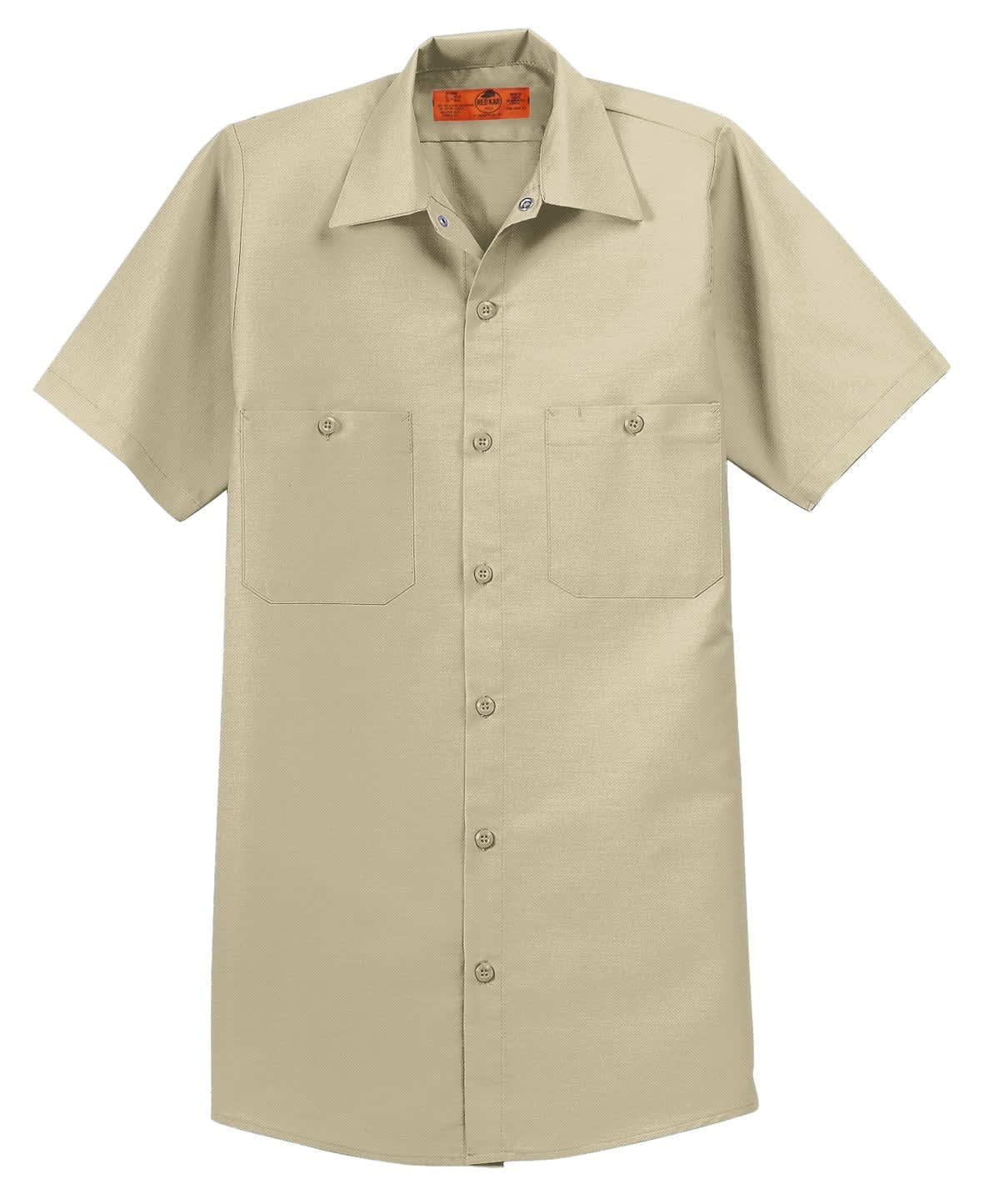 A short sleeve industrial work shirt in a light beige colour with two chest pockets and a collar. It features a logo.