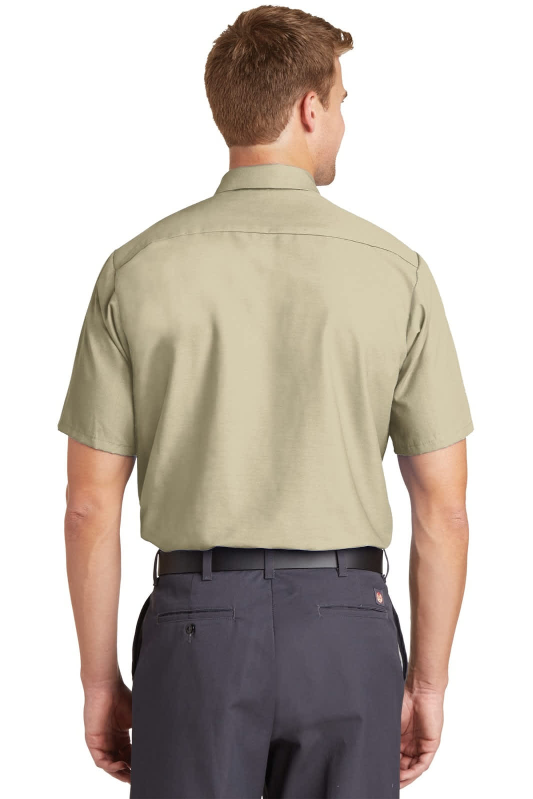 A short sleeve industrial work shirt in khaki, featuring a back view design and a logo.