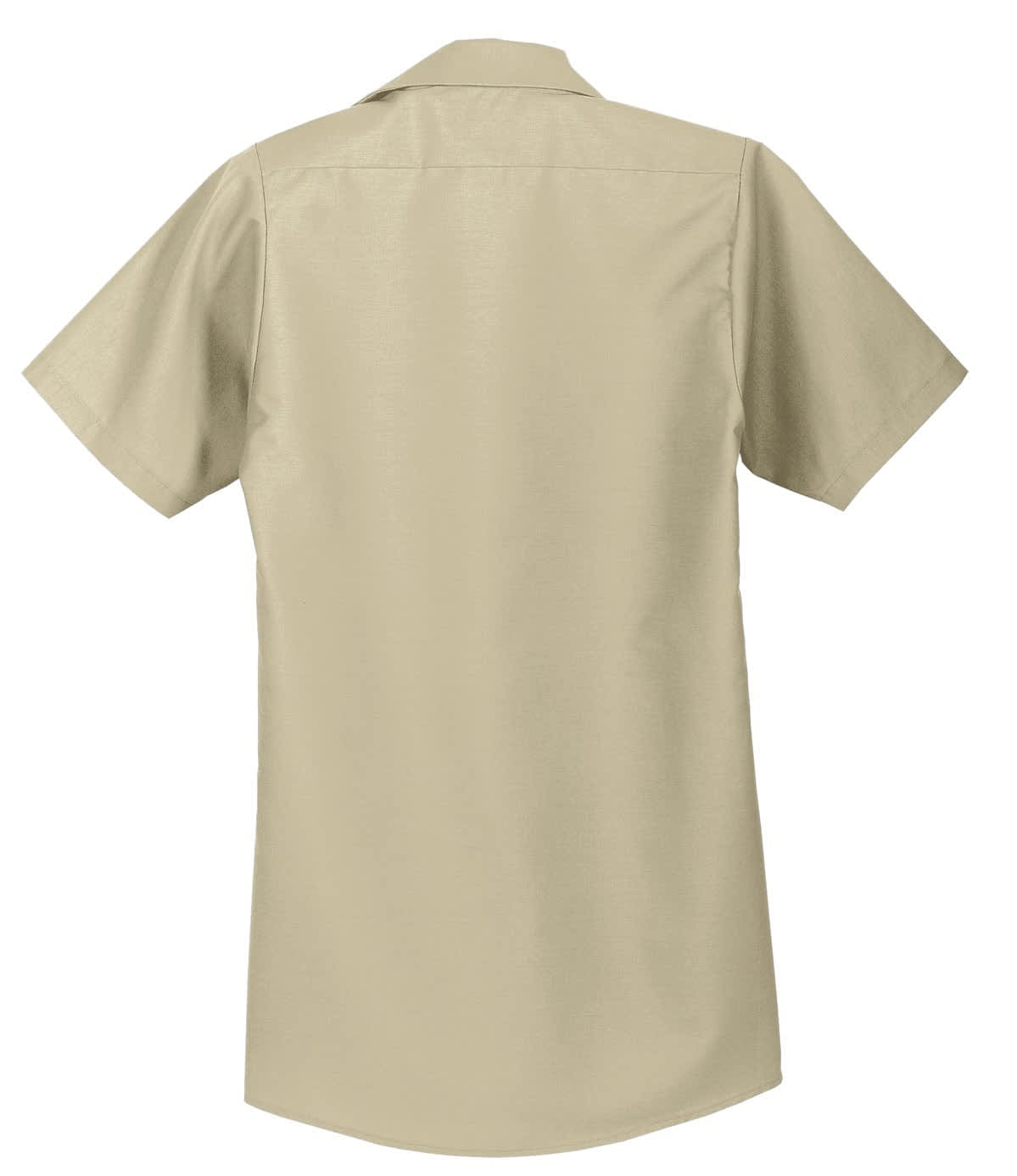 A short sleeve industrial work shirt in beige, featuring a back view and a simple design with a logo.