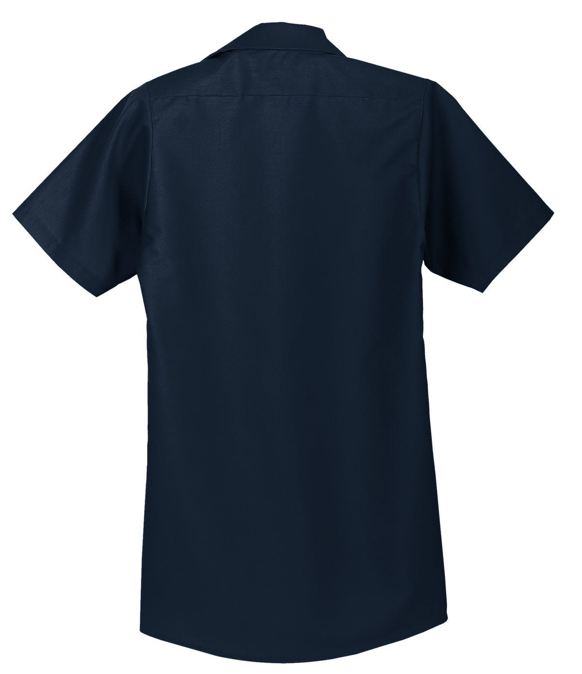 A short sleeve industrial work shirt in navy blue, featuring a back view and a logo on the upper side.