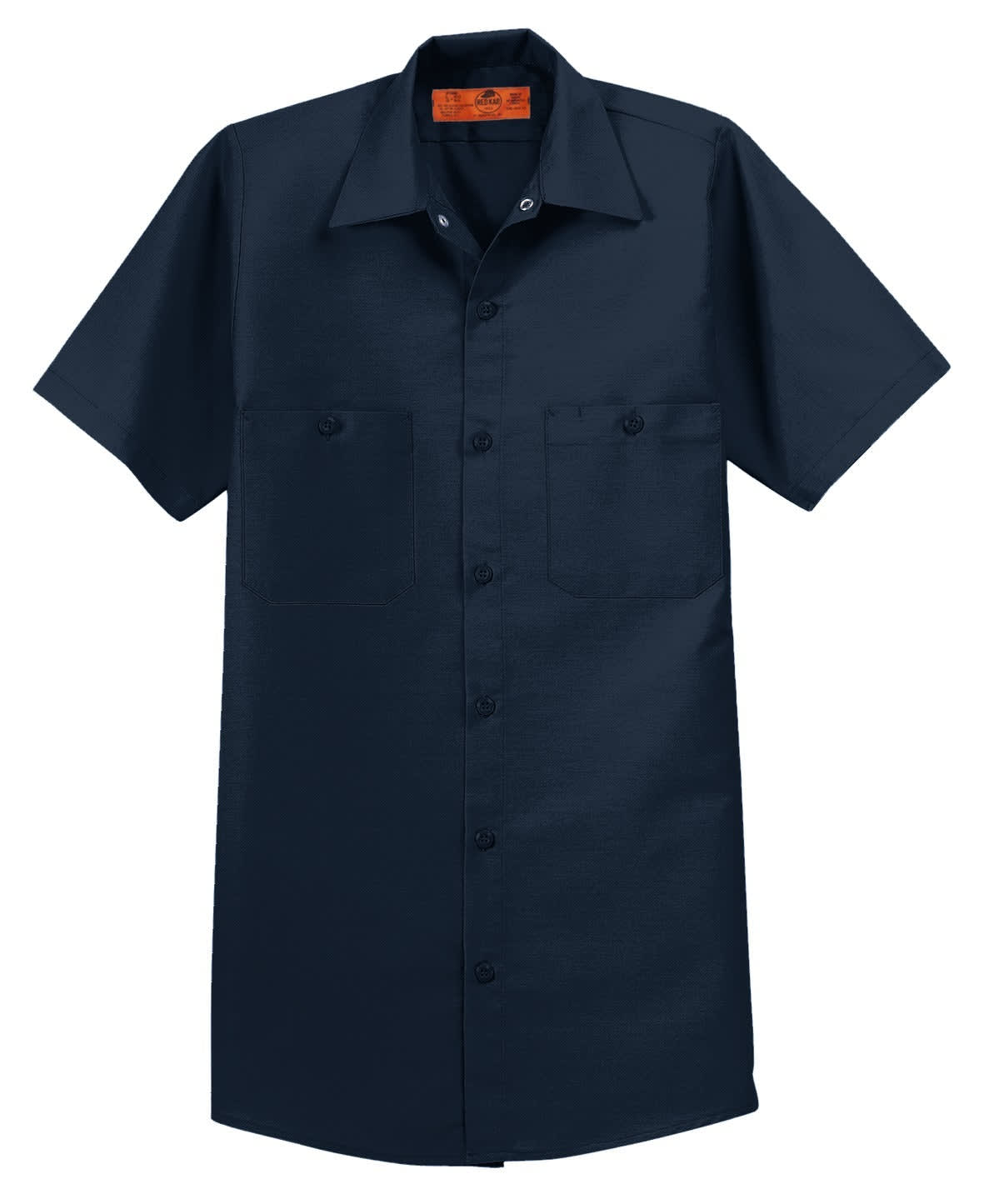 A short sleeve industrial work shirt in navy blue with two front pockets and a branded label.