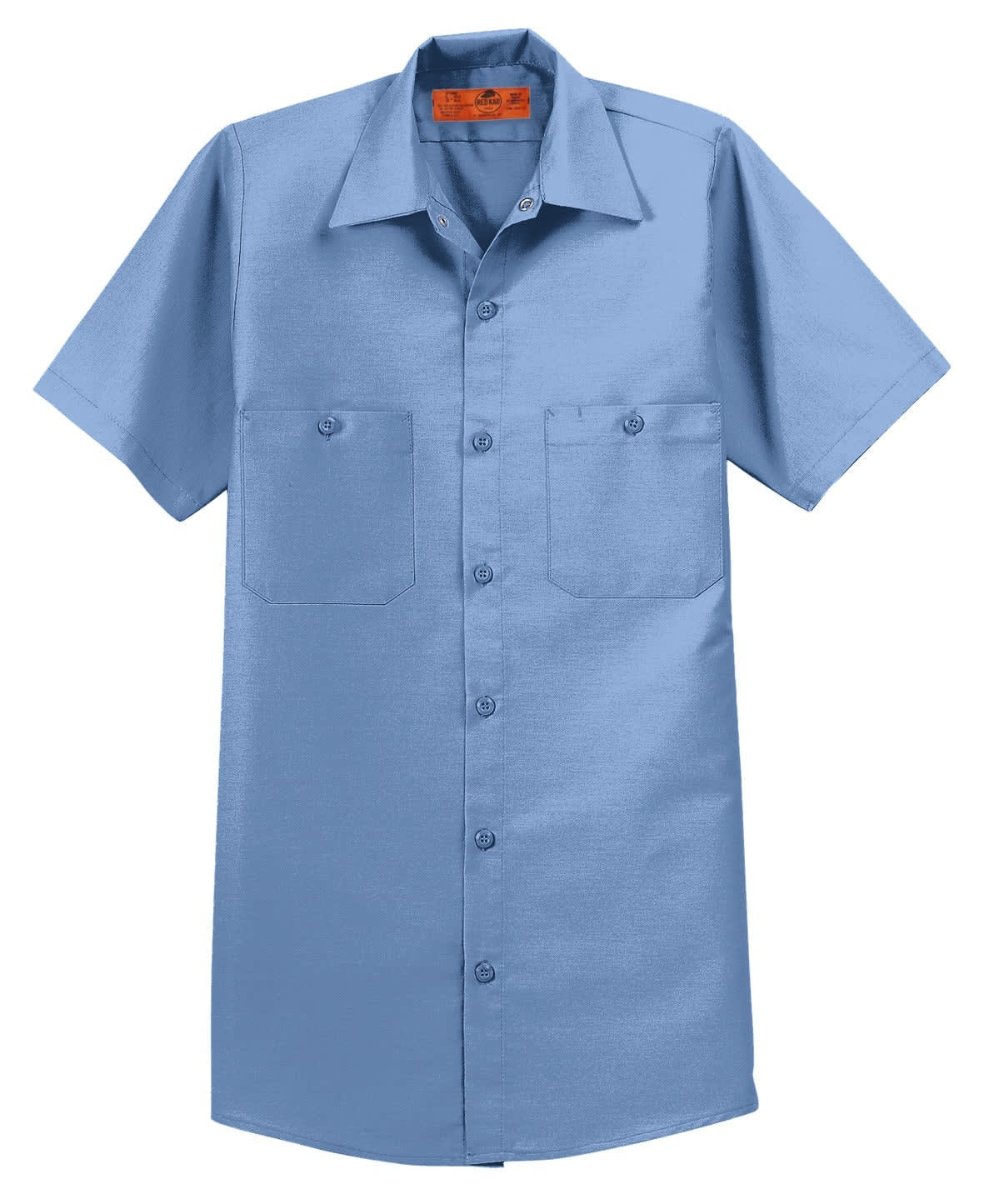 A short sleeve industrial work shirt in light blue with two front pockets. Features a button-up design and includes a logo.