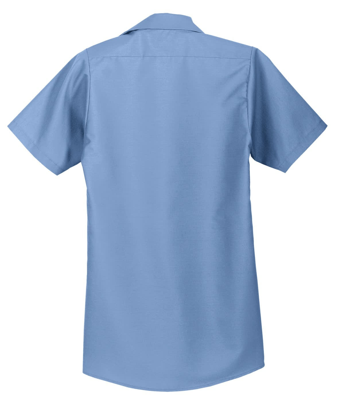 A short sleeve industrial work shirt in light blue. The back view features a simple design and a logo.